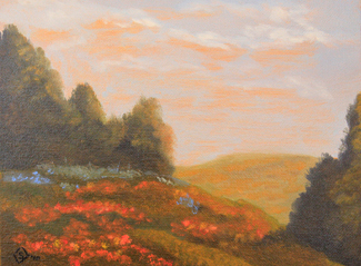 Painting of a Hill with Orange and Purple Flowers with Trees and a Cloudy Sky
