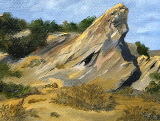 Painting of Vazquez Rocks with Bushes and a Blue Cloudy Sky